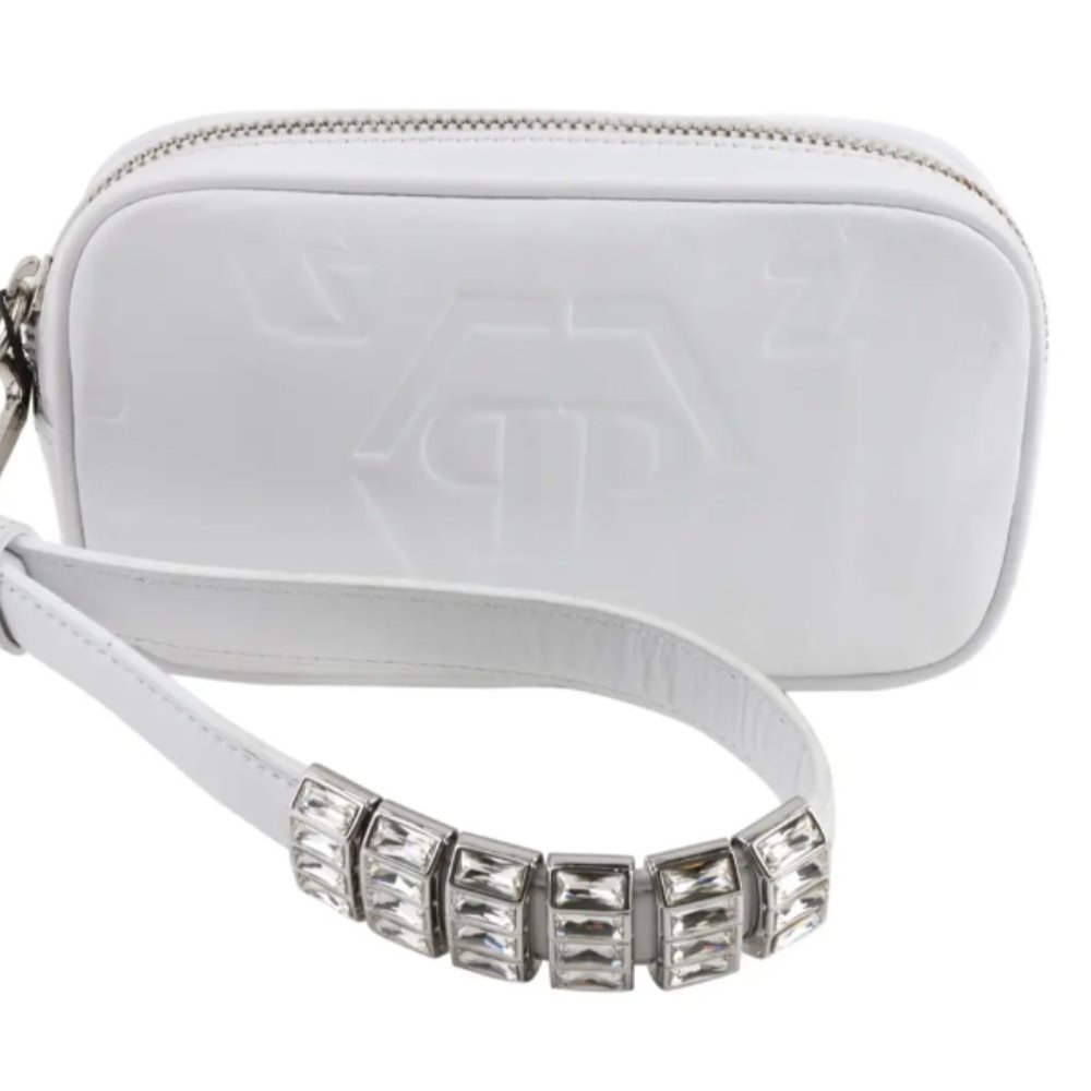 PHILIPP PLEIN WHITE LEATHER MINI MONOGRAM WRISTLET BAG